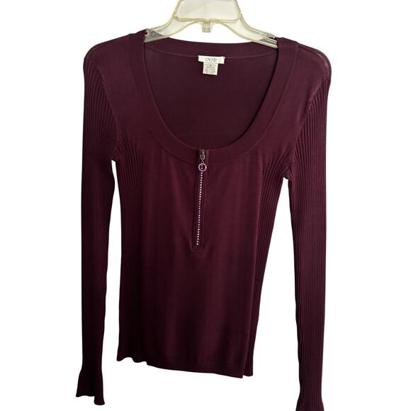 Cache Purple Rhinestone Zipper Rib Knit Long Sleeve Top Stretch S Cotton Spandex - Picture 2 of 7